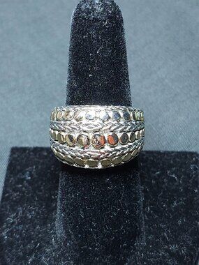 Wide Silver-Gold Textured Band Ring, Braided & Dotted, Size 8